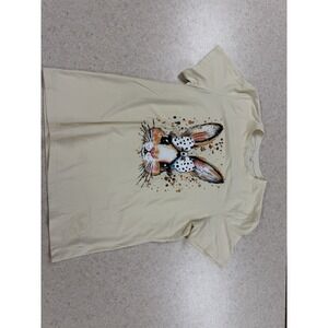 Cute Bunny Rabbit Bow Graphic T-Shirt Womens Large Cream Easter Cottagecore Tee